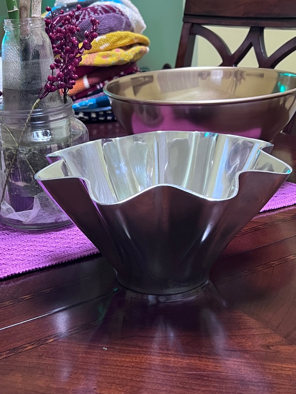 Modern Sculptural Shining Aluminum Ruffled Bowl, 10 inch